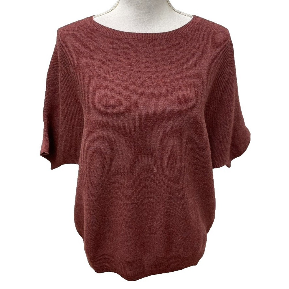 R Label Wool Short Sleeve Sweater Jumper Womens Small Medium Burgundy Lagenlook